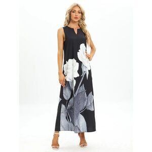 Women's Grey White Sleeveless Graphic Floral Notched Neckline Maxi Dress Size S